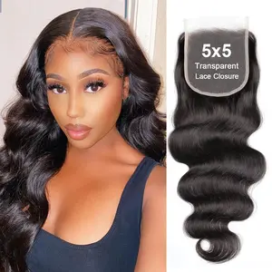 Msgem Hair 5x5 Ultra-thin Transparent Lace Closure Body Wave 12A Brazilian Virgin Human Hair Closure Free Part Pre Plucked with Baby Hair Natural Black #SummerVibes