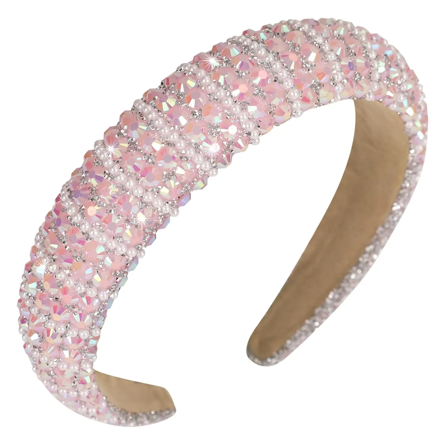 Pink Sparkle Rhinestone Headband for Women, Bling Jeweled Crystal Diamond Headband, Fashion Thick Padded Hairband for Birthday Disco Ball Glitter Hair Accessories, Engagement, Anniversary