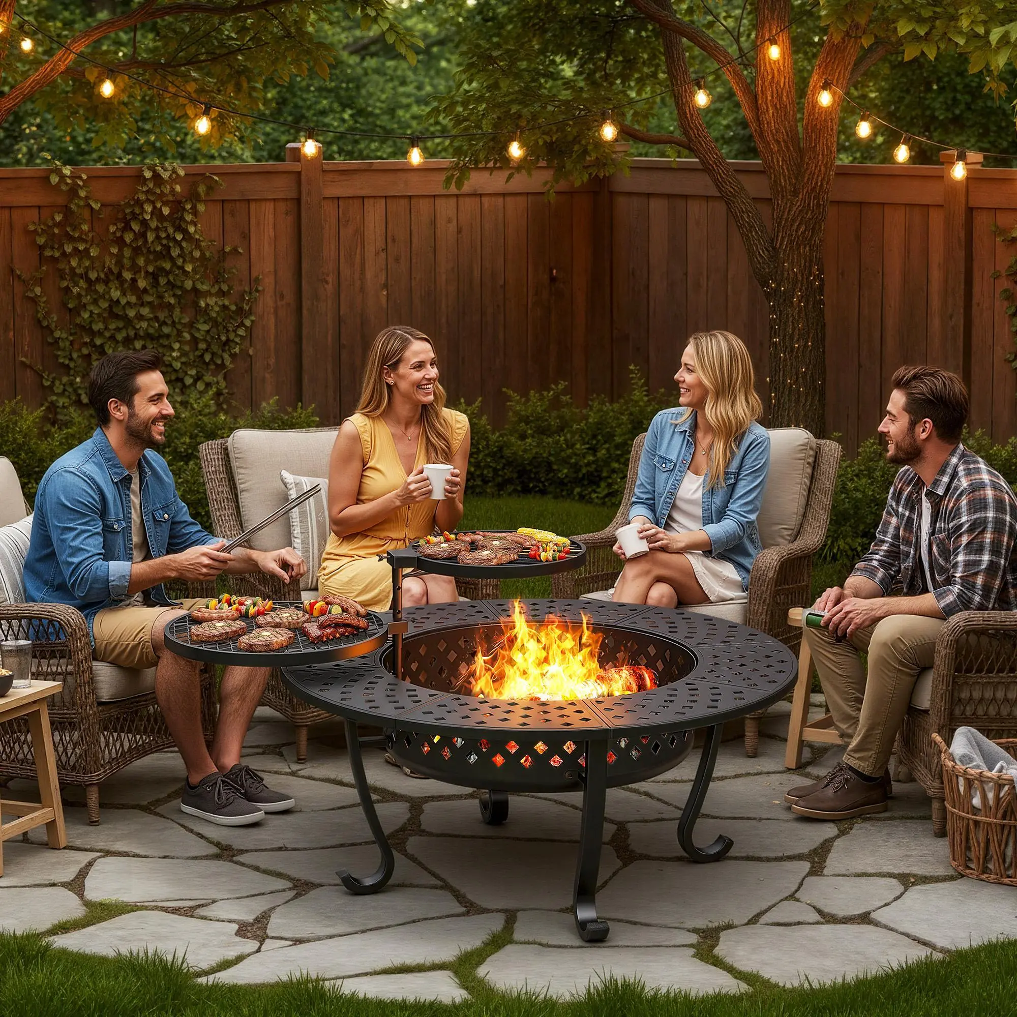 Royalcraft 43''/48‘’ Fire Pit with 2 Grills, Outdoor Wood Burning Fireplace with Lid and Fire Poker, BBQ & Bonfire & Round Metal Table 3 in 1 for Patio, Backyard, Garden, Black