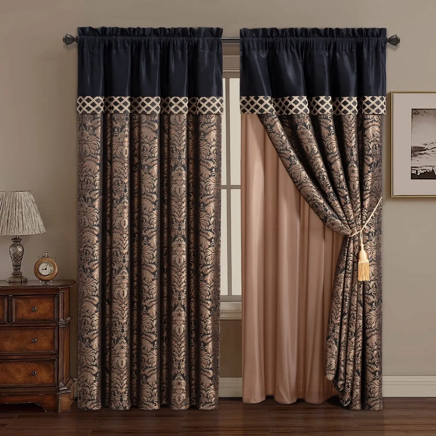 CHEZMOI COLLECTION Luxury Lisbon 4-Piece Jacquard Floral Window Curtain Set, Including 2 Curtain Panels and 2 Tassels, for Household Room Decor, Luxury Curtains