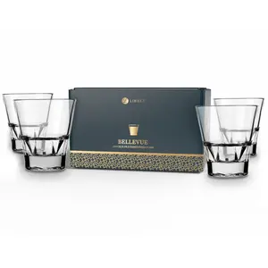 Libbey Bellevue Double Old Fashion Glass Set, 11.5 Oz, Clear, Retro Double Walled Whiskey Glasses, Modern Glassware Set of 4 for Cocktails, Water, and More