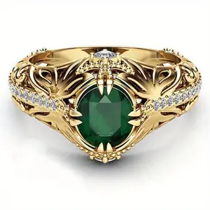Emerald plated 14k gold ring, luxurious fashion trend simulation diamond engagement ring