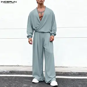 INCERUN Men's 2-Piece Zen Style Clothing Set - V-Neck Kimono Top, Long Stretched Lengthened Loose-Fitting Pleated Plain Trouser, Spring/Summer Resort Wear Menswear