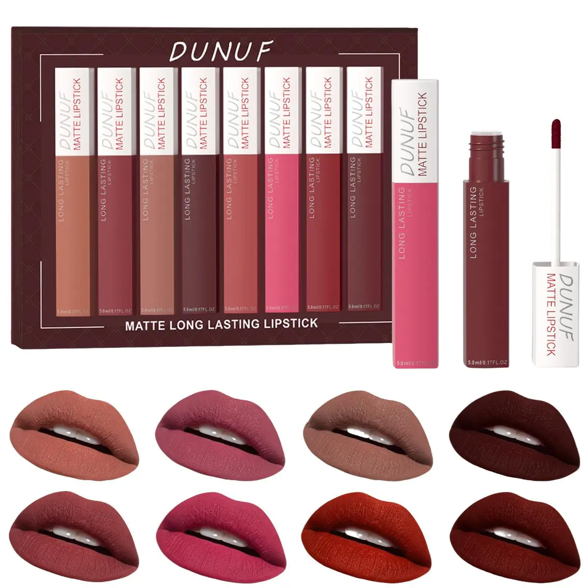 DUNUF 8pcs Matte Waterproof Long-Lasting Lipstick & Lipgloss, Matte Lipsticks, Matte Lip Tint Set, Sweatproof Non-Stick Cup Easy Color High-End Women's Makeup Cosmetics, Lipstick Beauty