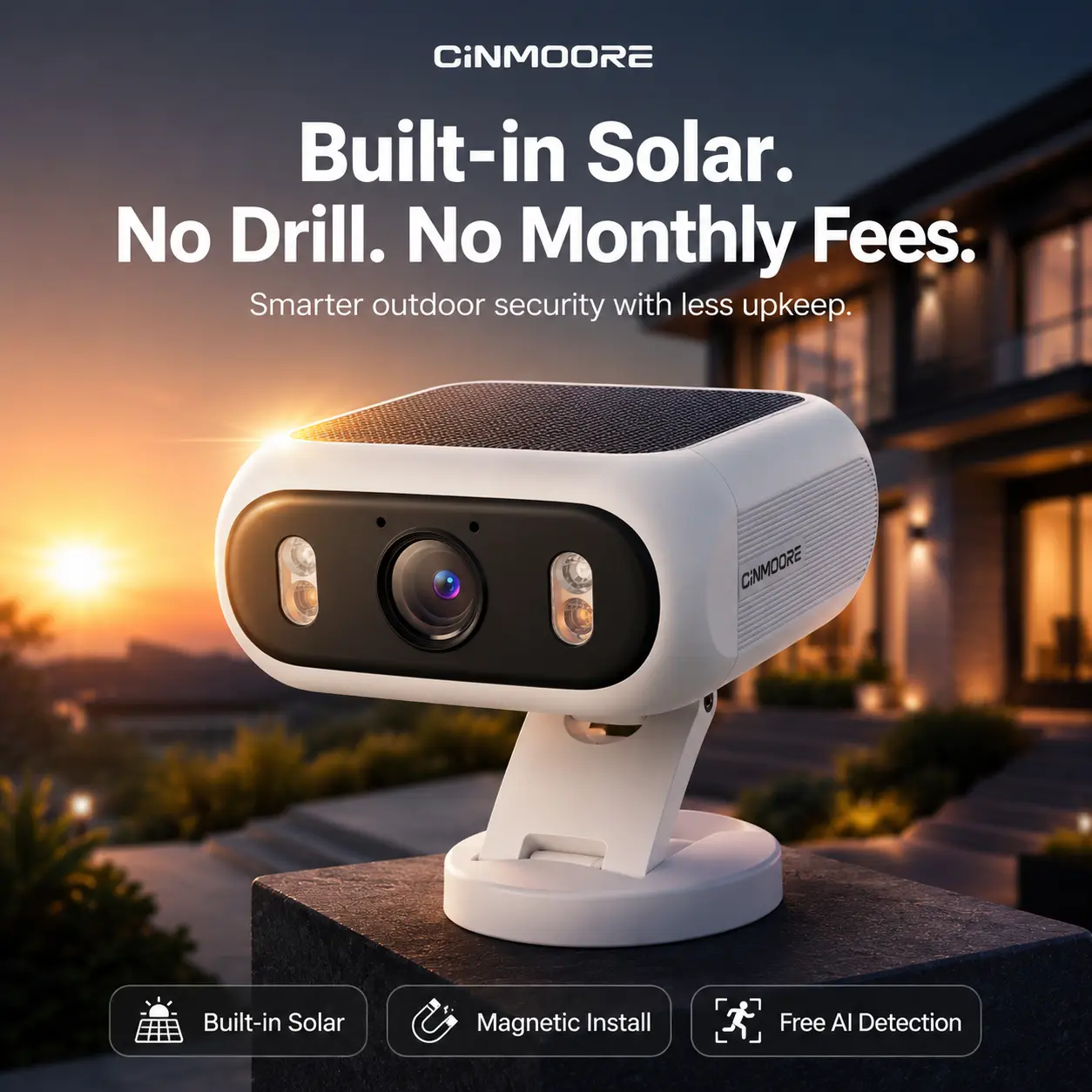 Solar Security Camera Outdoor Wireless, No Drill Magnetic Camera, Built-in Solar, 9000mAh Battery, AOR Recording, Free AI Human Vehicle Animal Detection, Color Night Vision, Dual-Band WiFi, CINMOORE Magnetic Wireless Smart Garage Camera