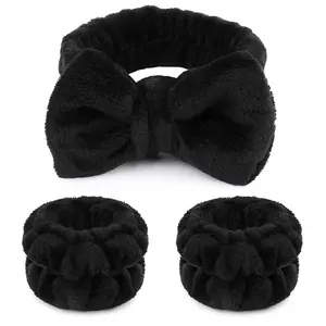 Female Plain Spa Headband and Wristband Set - 1 Black Fluffy Bow Tie Microfiber Headband, 2 Absorbent Wrist Bands for Face Washing, Skin Care