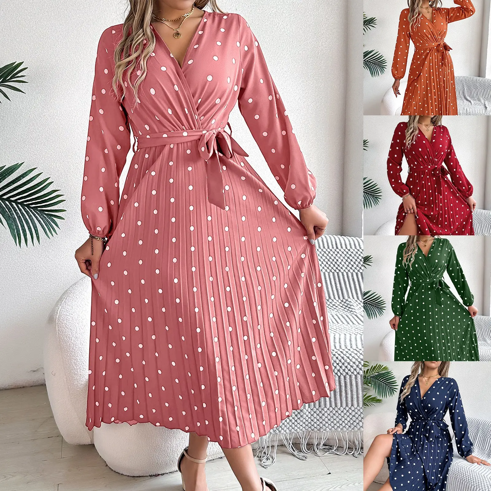 Spring Summer Elegant Long Dress Cross V-Neck Contrast Polka Dot Long Sleeve Pleated Bridesmaid Dresses..
