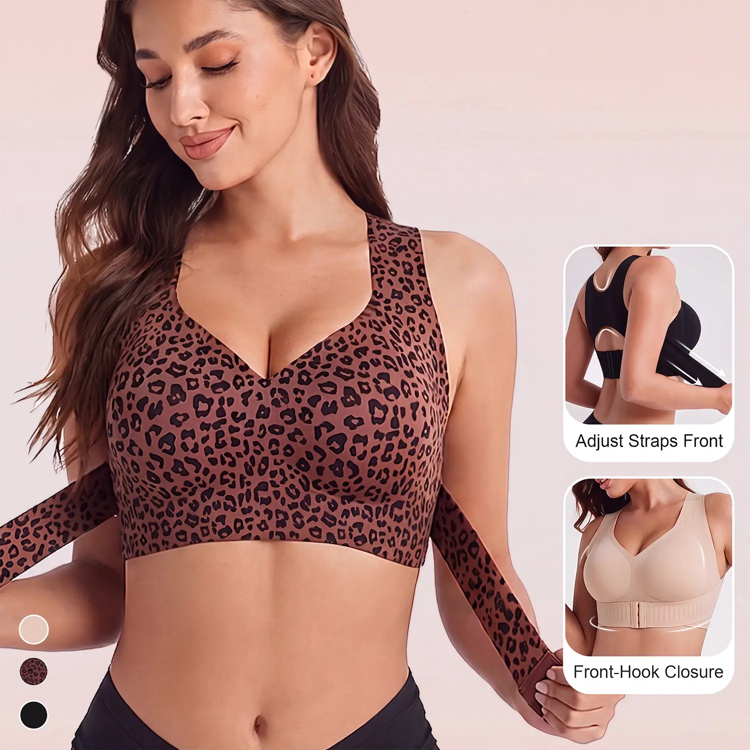 Women's Wirefree Posture Shaping Sports Bra - Animal Print V-Neck, Breathable Mesh, Removable Pads, Gentle Support, Machine Washable, Workout Bralette, Soft Comfortable Unlined, Push Up, for Yoga & Gym