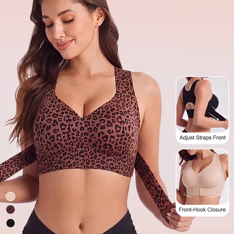 Typretty Women's Wirefree Posture Shaping Sports Bra - Animal Print V-Neck, U-Back, Breathable Mesh, Removable Pads, Gentle Support, Slimming Fit, Machine Washable, Push Up Bralette, Soft Comfortable Unlined, for Yoga & Gym