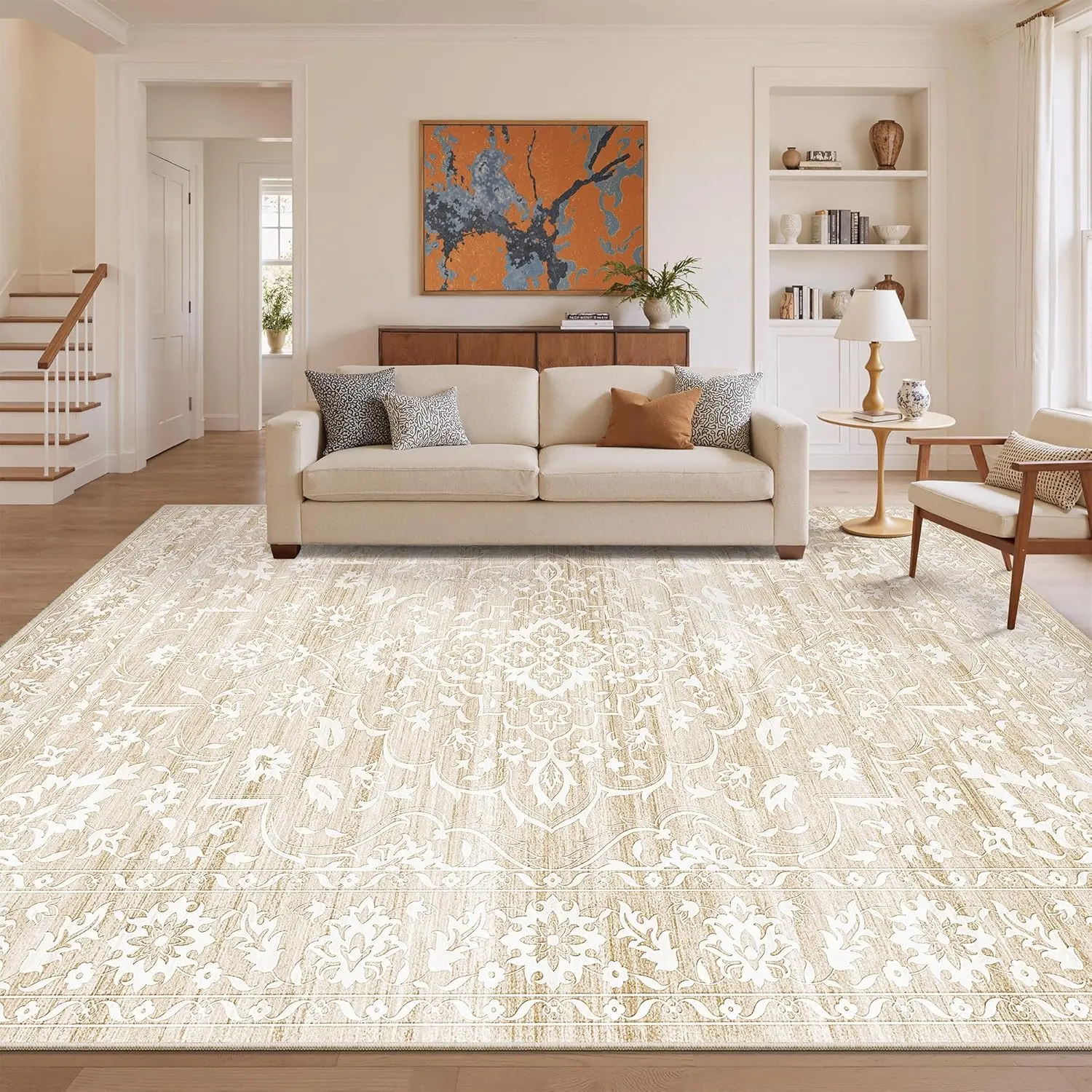 Art&Tuft Non-Slip Botanical Area Rug - Stain-Resistant, Machine Washable Vintage Floral Home Decor Rug for Living Room, Bedroom, Apartment Accessories, Room Decor, Living Room Decor,back to school,dorm essentials,home essentials