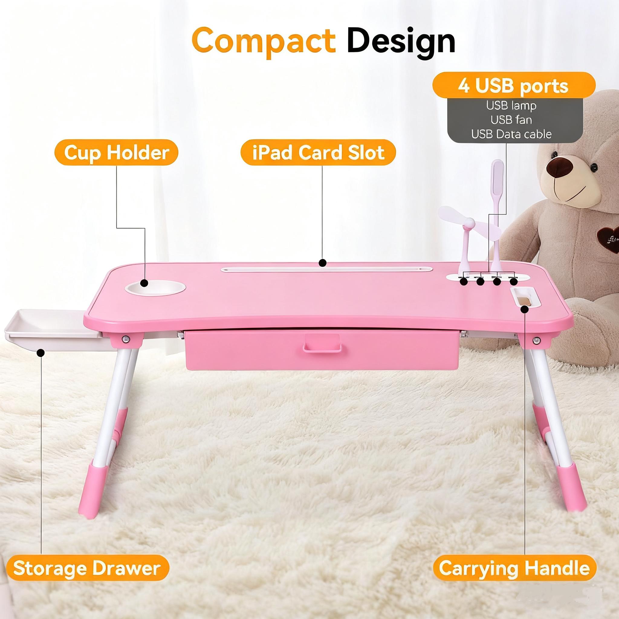 Laptop Bed Desk, Folding Lap Desk with 4 USB Ports, Wind Fan, LED Light, Cup Holder and Side Drawer for Working, Reading, Writing, Eating on Bed, Sofa, Floor