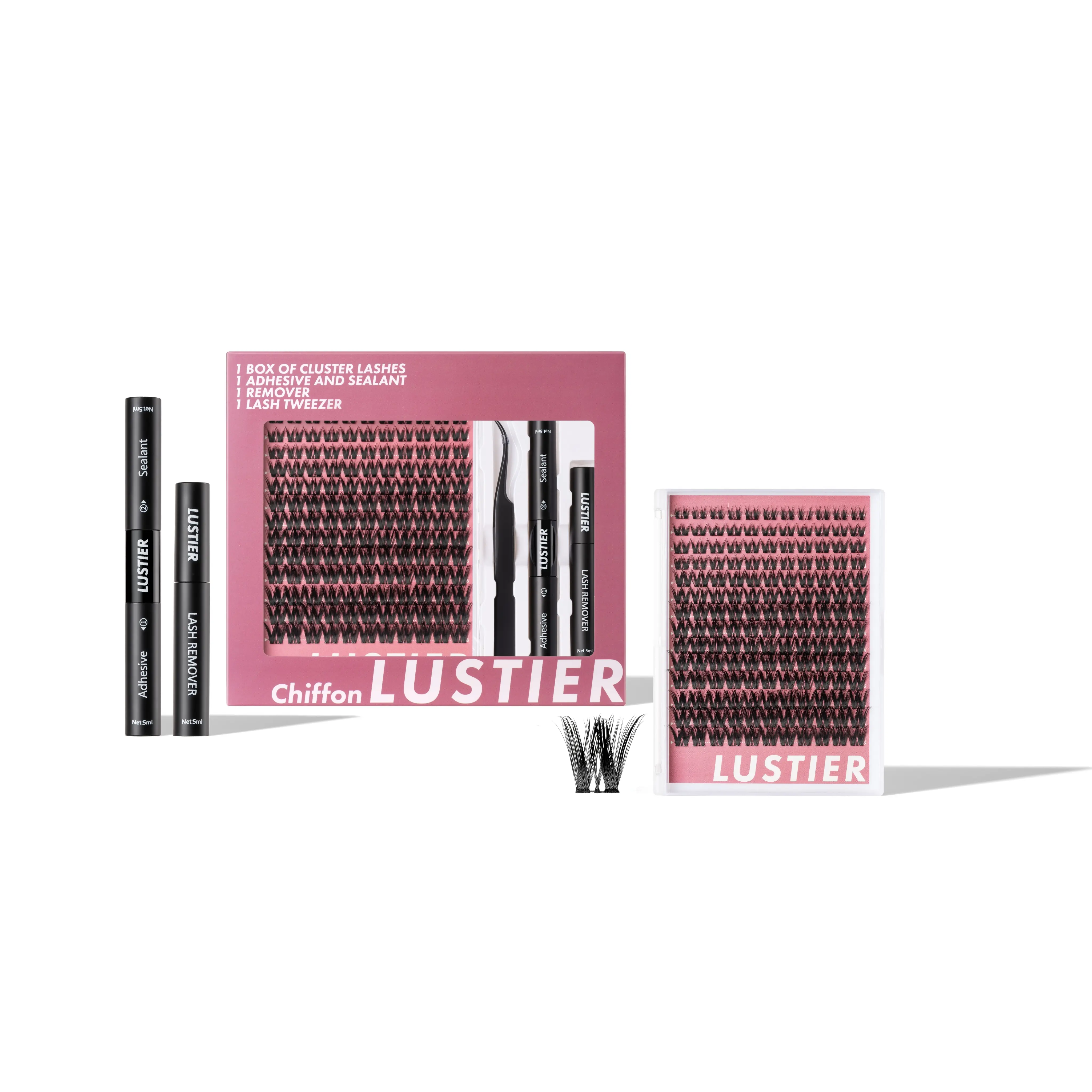LUSTIER CHIFFON LASH KIT - Wispy Premium Feather-Soft D-Curl Cluster Lashes 8mm-18mm Eyelash Extensions with Adhesive & Tweezers