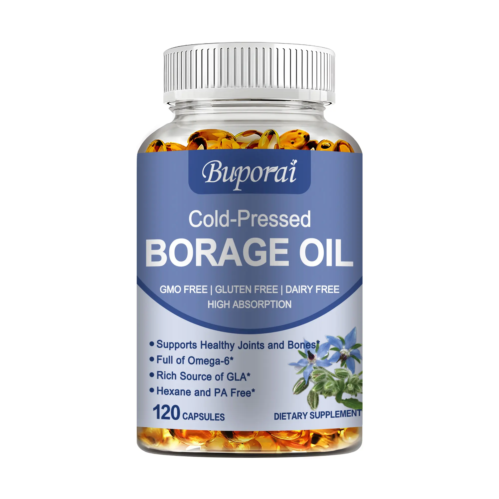 Buporai Edible Borage Oil Dietary Supplement - 120 Capsules, 1000 mg, Gamma-Linolenic Acid Source, Glycerin-Infused, 24 Months Shelf Life, US-Compliant, Adult-Focused, Supports Skin, Hair, Bone Health (No Artificial Additives)