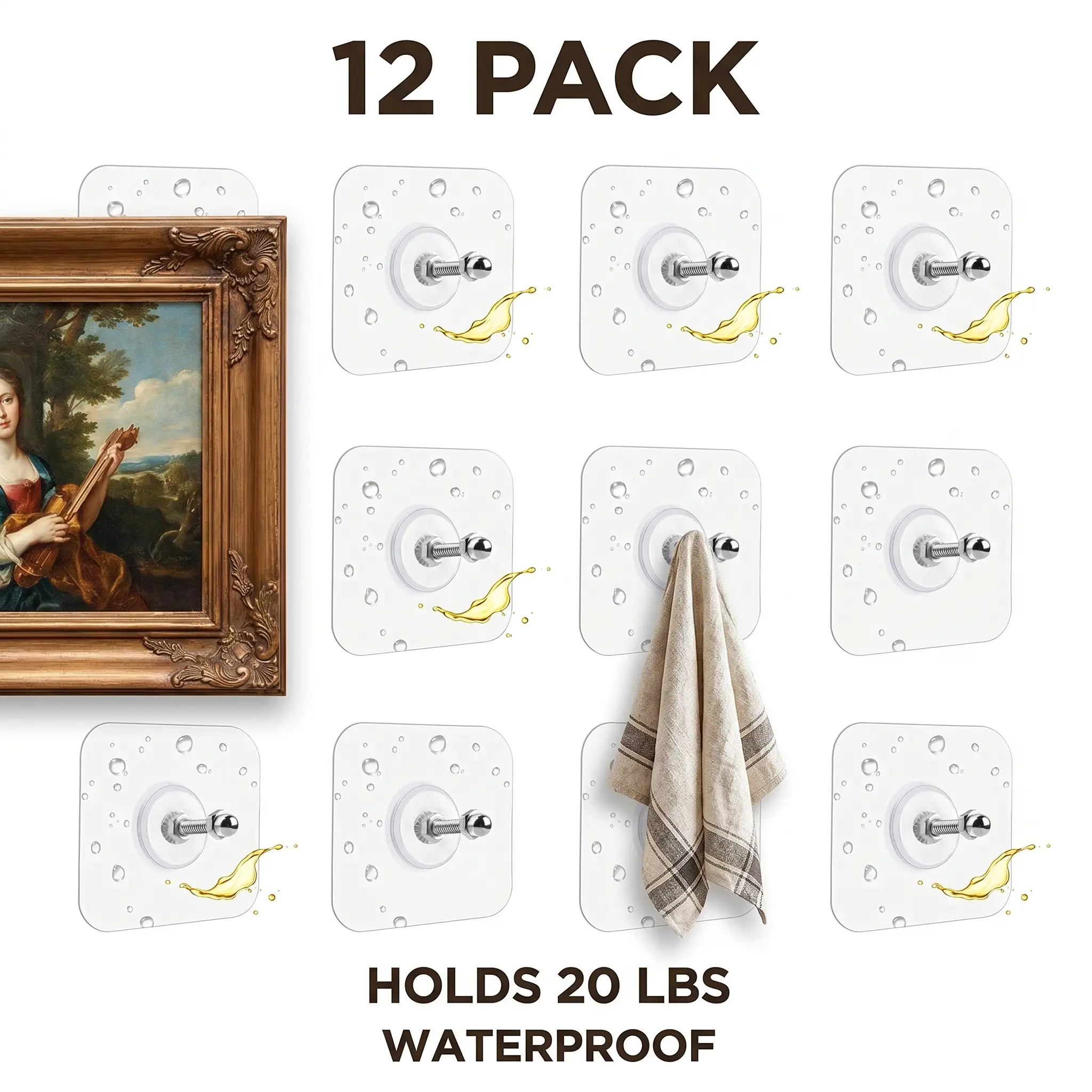 12 Pcs Picture Hangers without Nails, 20 Ibs Load Heavy Duty Self Picture Hanging Hooks for Hanging, Waterproof Adhesive Picture Hooks for Bathroom Kitchen, Transparent Sticky Hooks for Frames