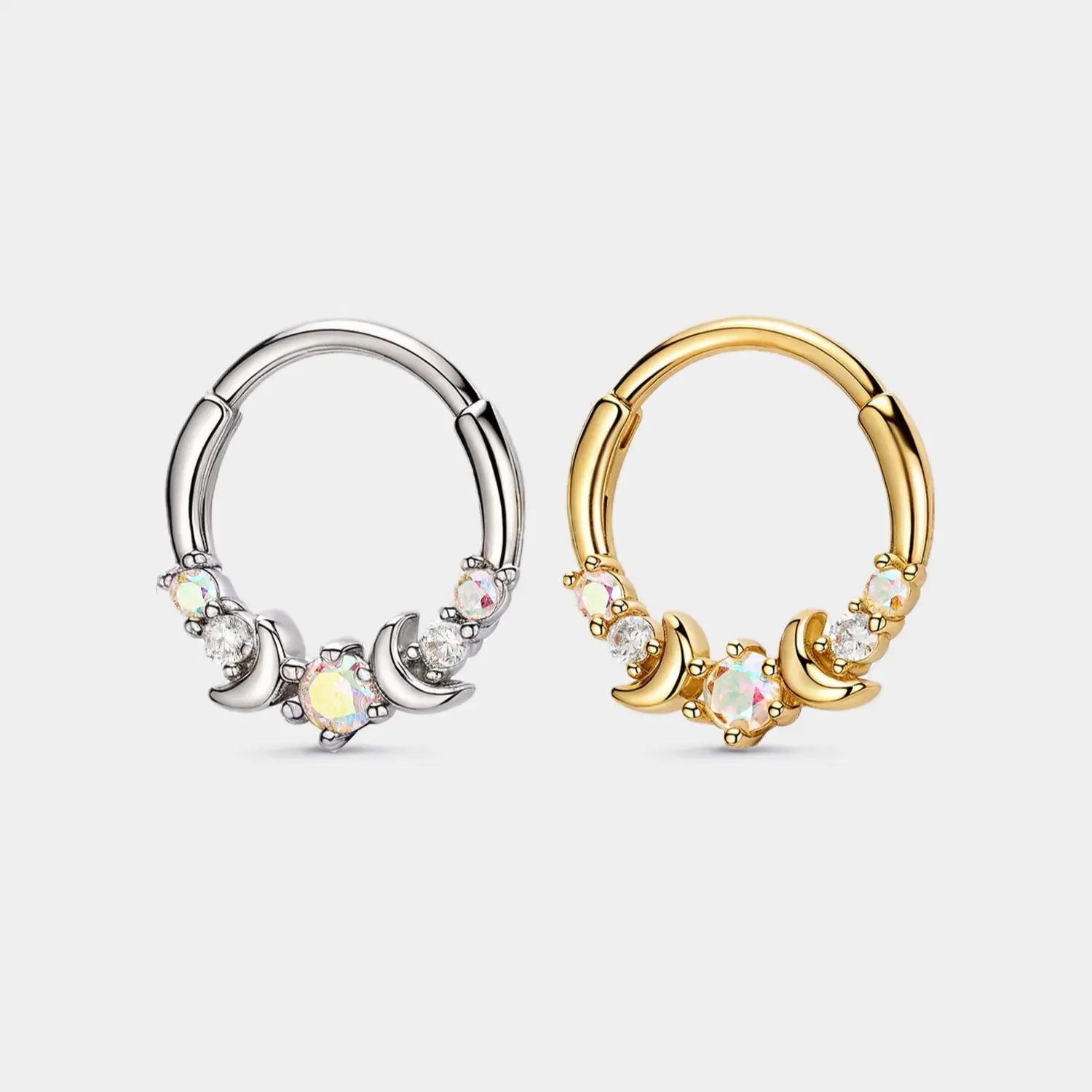 Oufer 16G Two Moons CZ Gems Hinged Septum Jewelry Stainless Steel