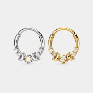 Oufer 16G Two Moons CZ Gems Hinged Septum Jewelry Stainless Steel