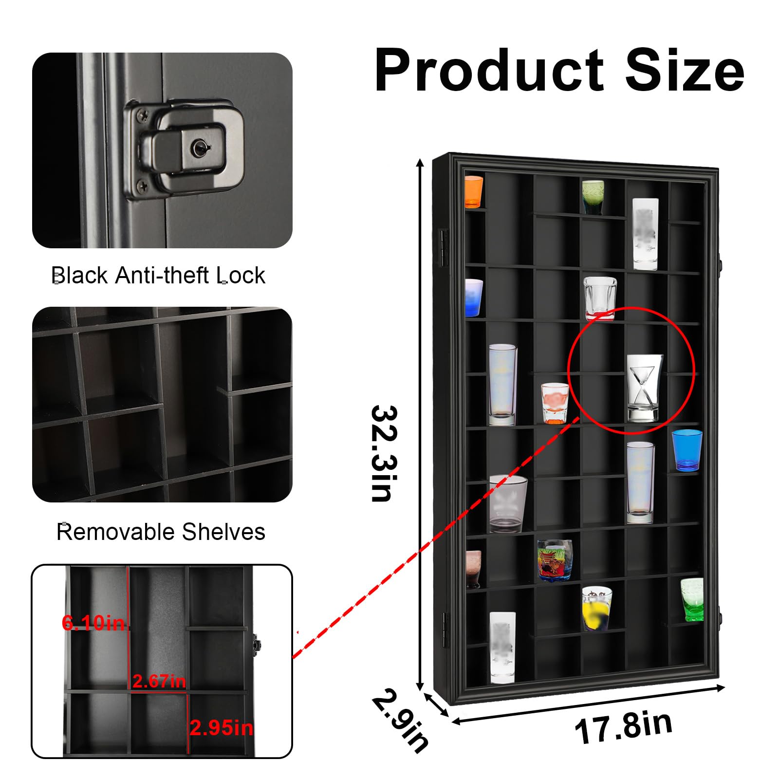 IHEIPYE 52 Shot Glass Display Case Acrylic Glass with Uv Protection-Large IHEIPYE Shot Glass Collection Cabinet Rack Holder For Wall, Wooden Shot Glass Display Storage Box Lockable with Removable Gift Shelves-Black Metal Organiser