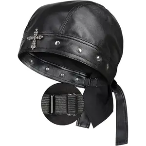 Adjustable Leather Skull Cap Biker Doo Rag – Studded Motorcycle Riding Headwrap Hat for Women, PU Leather Biker Cap for Streetwear & Outdoor Activities
