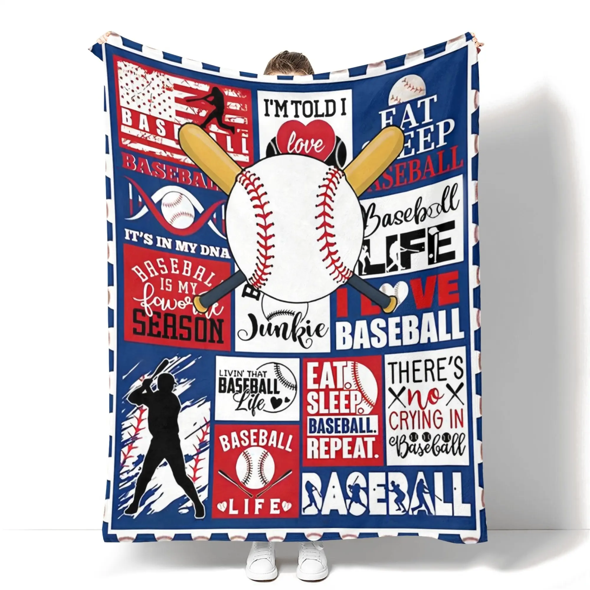 Classic Baseball Letter Pattern Soft Portable Stuffed Slogan Print Machine Washable Air-Conditioned Room Throw Blanket for Home, Travel
