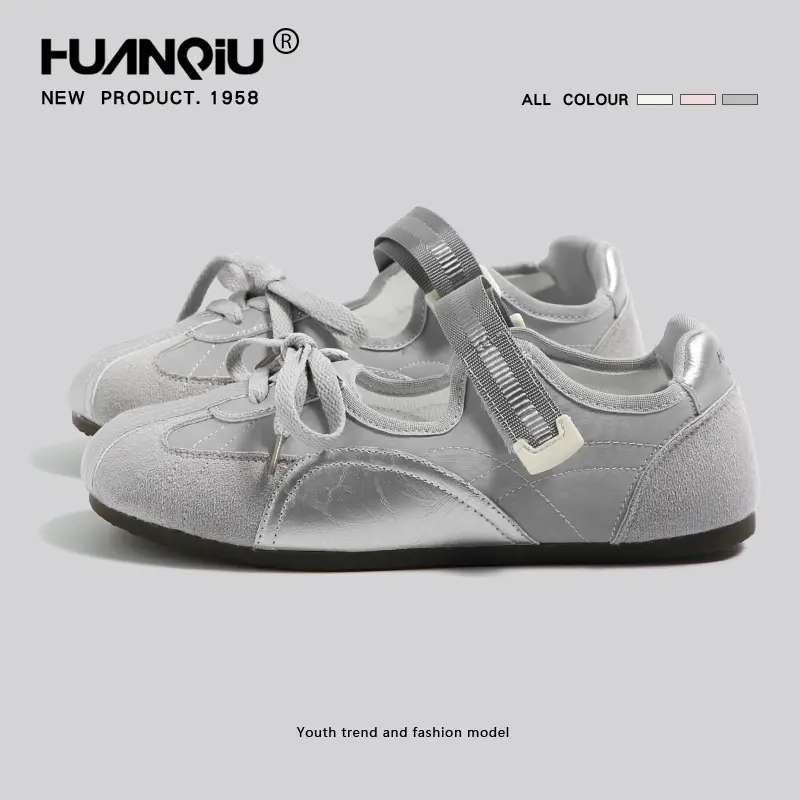 HUANQIU Women's Metallic Silver Balletcore Flats - Quick-Fasten Strap + Laces Tech Mary Jane Sneakers for Women, Mixed-Material Low-Profile Plimsolls with Grey Suede Mudguards, Trendy Streetwear Athleisure Shoes, Walking Shoes, Trainer