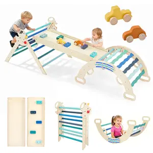 Pikler Triangle Set, Toddler Climbing Toys and Play Structure Indoor, 9-in-1 Wooden Montessori Climbing Set with Arch, Ramp and Ladder, Foldable Baby Jungle Gym, Blue