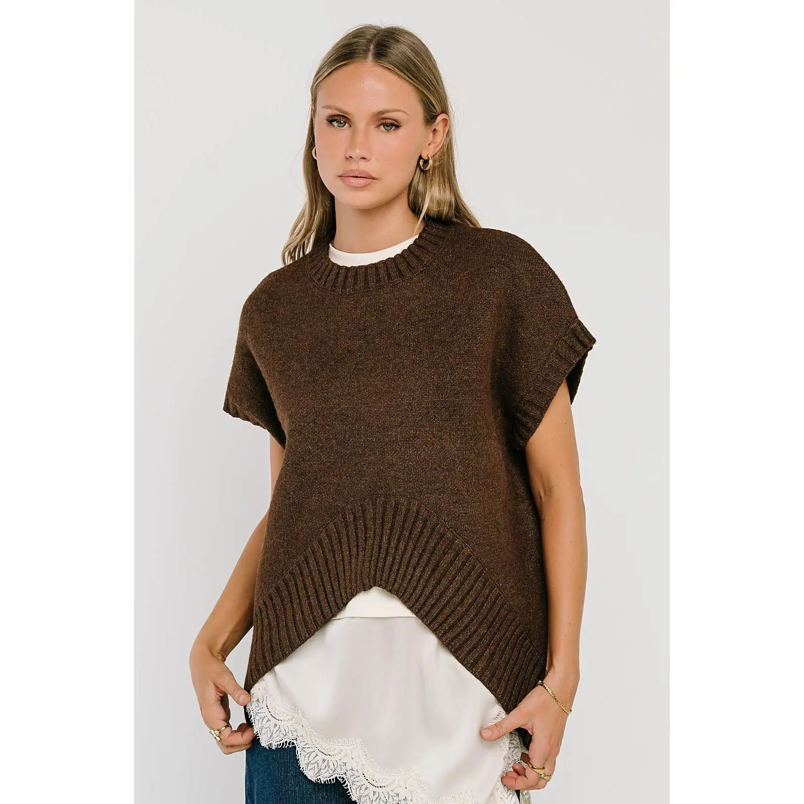 Women's Short Ribbed Paloma Knit Sweater, Loose-Fit Brown Knitwear, Lady, Sleeves, Tops, Round Neck