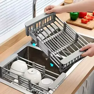 Stainless Steel Adjustable Sink Storage Rack - Extended Dish Rack with No Drainage Design, Space Saving Modern Kitchen Storage, Height Adjustable and Width Retractable, Drying Rack for Countertops, Durable Easy-to-Clean Surface for Sinks and Countertops