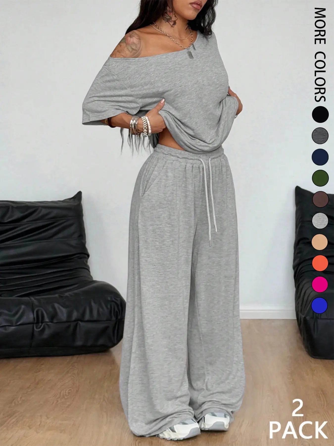 2pcs/Set Women's Clothes Minimalist Basic Casual Daily Wear Everyday Going Out Sport Comfortable Loose Baggy Off Shoulder T-Shirt And Wide Leg Pants Two Pieces Outfits