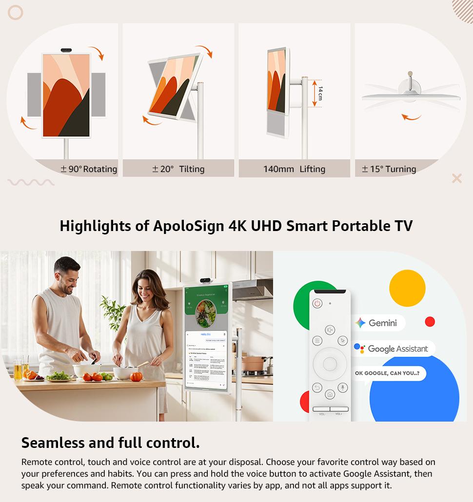 2026 Apolosign Gen 2 Portable TV, 32 inch True 4K UHD Portable Smart TV, Android 15, 15000mAh Battery, 16GB(8+8)RAM+256GB Storage, Android 14, Touch Screen Monitor, 8MP Camera, Voice Remote Control,WiFi 6, Support Google Calendar