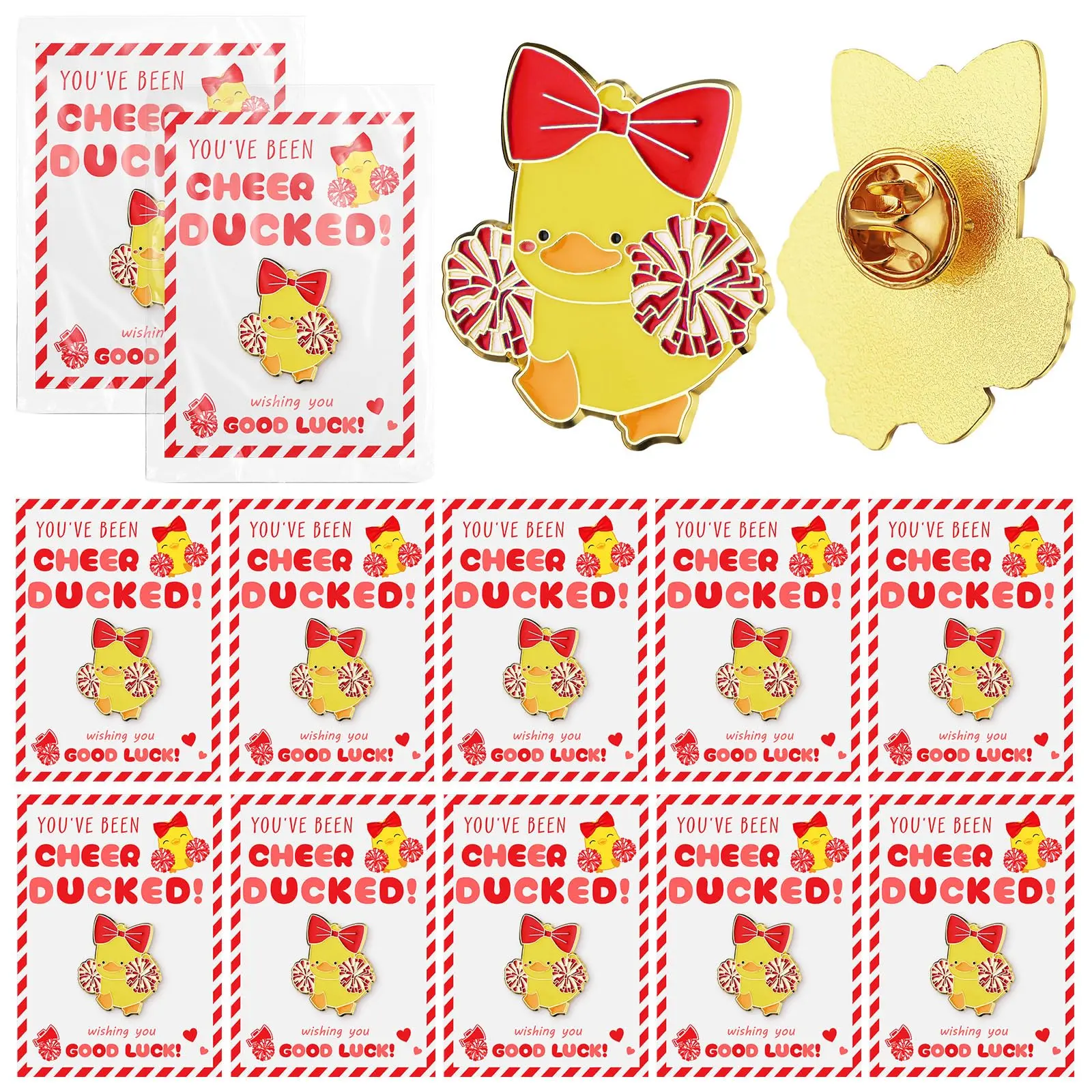 24 Enamel-Crafted Duck Theme Cheer Duck Pins (1.38 in) with 24 Cheer Cards, Unisex Bulk Festive Party Gift for Nurses, Durable Long-Lasting Alloy Brooch for Emotional Support, Inspirational Home Decor Accessory, Enamel Metal