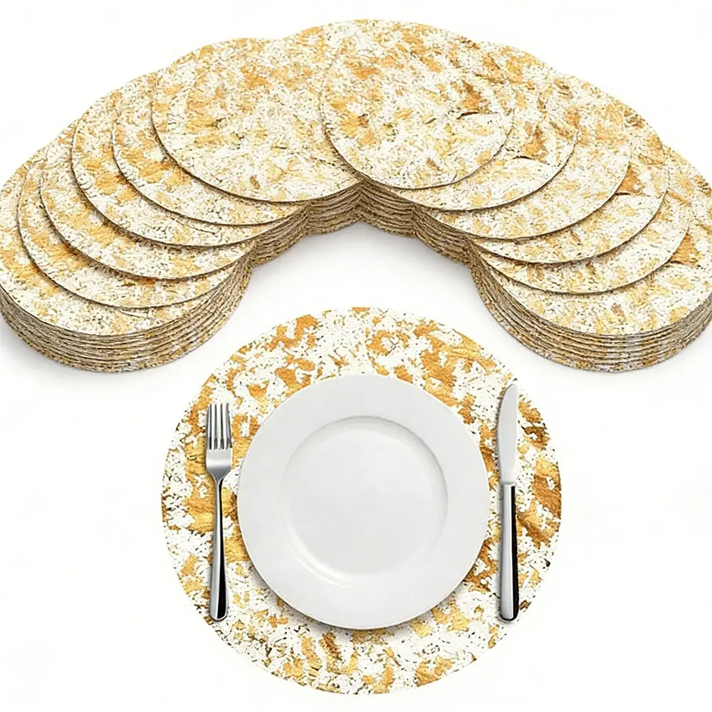 Disposable Polyester Placemat 50-Piece Set - 13 Inches Round Gold Foil Embossed with Tulle Mesh Table Flags, Glam Home & Festive Supplies for Weddings, Birthday, Elevating Dining Experience