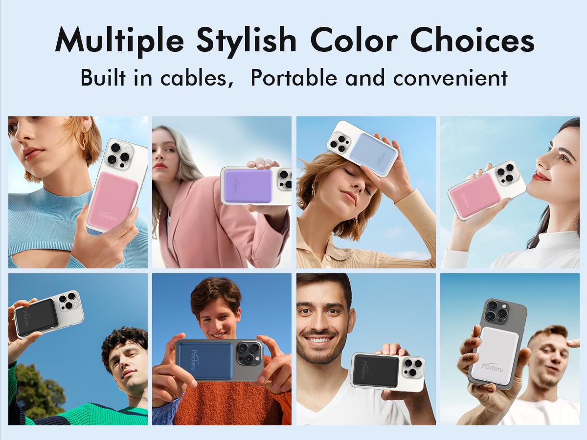 Podoru for MagSafe Battery Pack, 10000mAh Power Bank Built-in USB-C Cables Wireless Magnetic Portable Charger for iphone 15 and above model