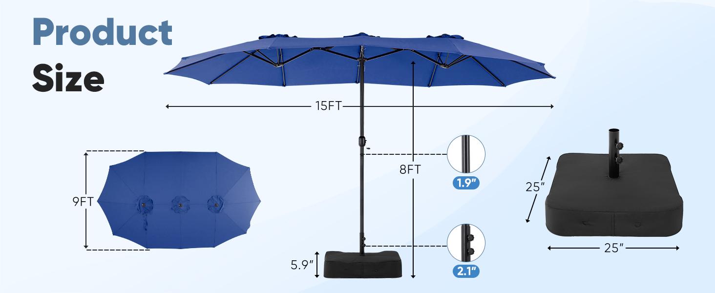 15ft Large Patio Umbrella with Base Included, Rectangle Table Umbrella Outdoor Patio, Outside Umbrellas for Deck, Market, Backyard