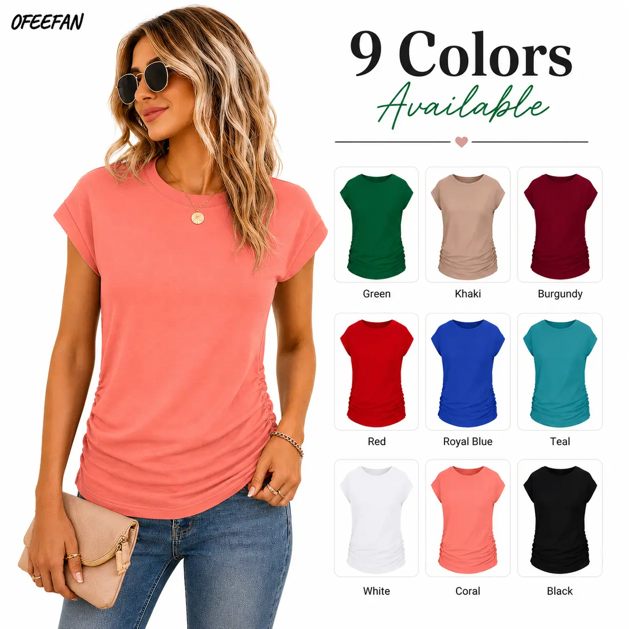 OFEEFAN Womens Summer Tops Trendy 2025 Ruched Cap Short Sleeve Tshirts Shirts Crew Neck T Shirts Fashion