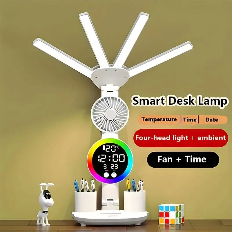 LED Desk Lamp with Fan, Desk Lamp for College Dorm, Dimmable Colorful Led Lights, USB Charging Port, Adjustable Folding with Clock Date, Pen Holder, Temperature, Home Office