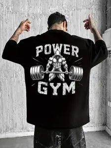 Men's Cool "Power Gym" Bodybuilding Graphic T-Shirt: Black Oversized Tee with Weightlifting Print, Perfect for Fitness Enthusiasts and Street Gym Style
