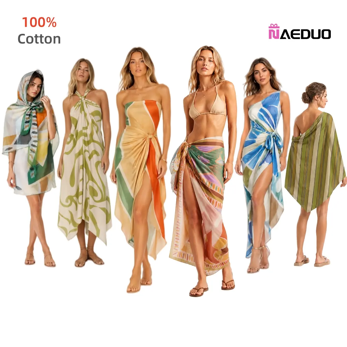 Naeduo Women's Abstract Geometric Print Pure Cotton Sarong Pareo - Lightweight Quick-Dry Beach Wrap, Versatile Bikini Cover-Up, Multi-Way Wear as Skirt or Shawl for Vacation, Long