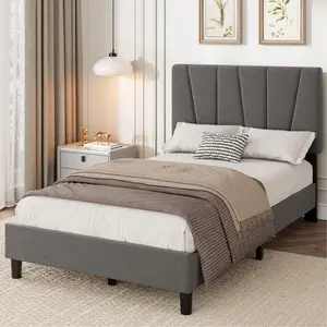 Twin Size Bed Frame with Headboard Adjustable, Modern Linen Upholstered Twin Platform Bed Frame with Wooden Slat Support, No Box Spring Needed, Grey