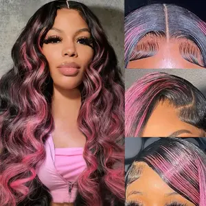 GK Ombre Lace Front Wig Human Hair  13x6 1B/Pink Body Wave Highlight Lace Front Wigs Human Hair Colored 180% Density Pink Highlight Wig Human Hair HD Frontal Wigs Human Hair
