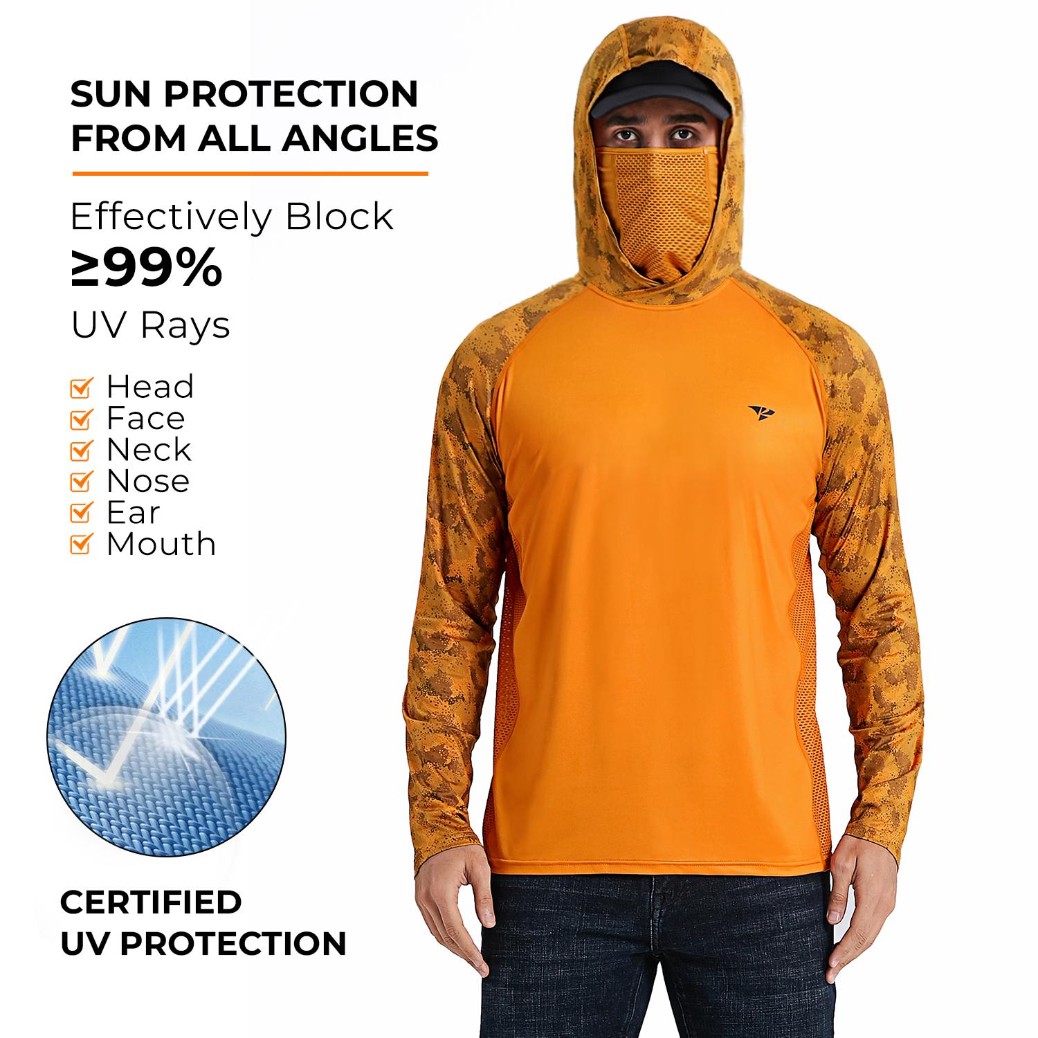 RODEEL 915 Sun Hoodie Shirts w/ Mask Neck Gaiter Men UPF 50+ UV Protection Long Sleeve Lightweight Quick Dry Moisture Wicking Breathable Cooling Athletic Activewear for Outdoor Sport Fishing Boating Hiking Roofing Construction Landscaping Tree Service