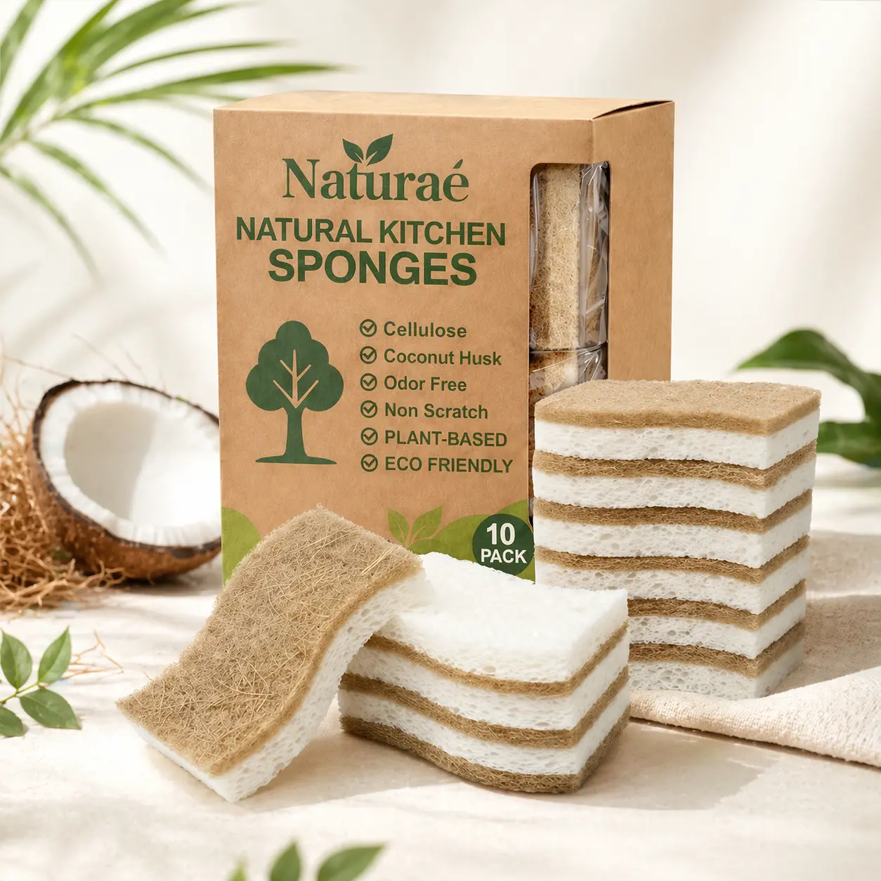 Cellulose Kitchen Sponges for Dishes 10 Pack - Keep Soap Biodegradable Kitchen Sponge Compostable Coconut Scrubber - Eco Friendly Cleaning Sponges