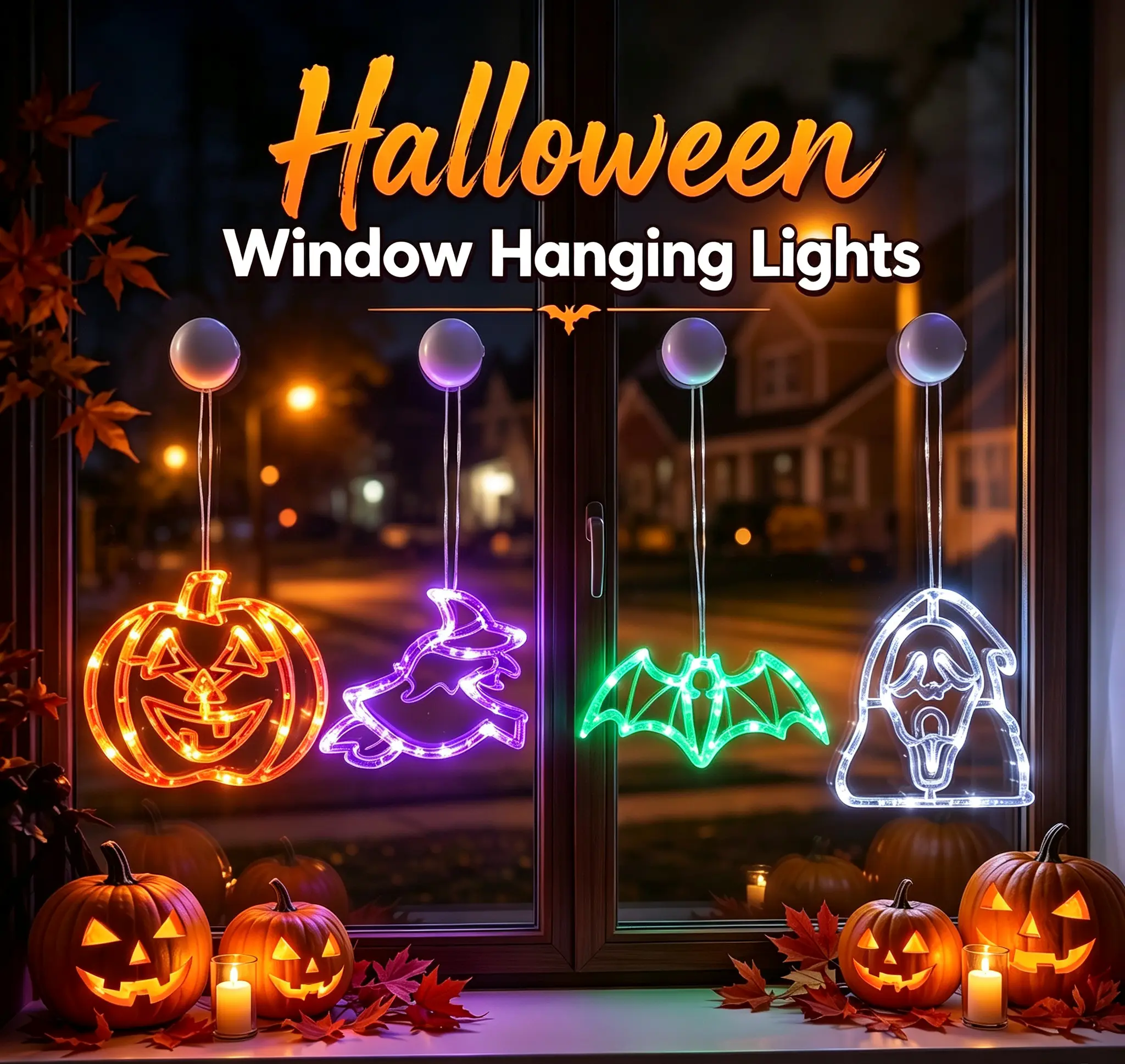 Halloween Window Hanging Lights, 4 Pack Pumpkin Witch Bat Ghost Shaped LED Suction Cup Lights for Window Decor