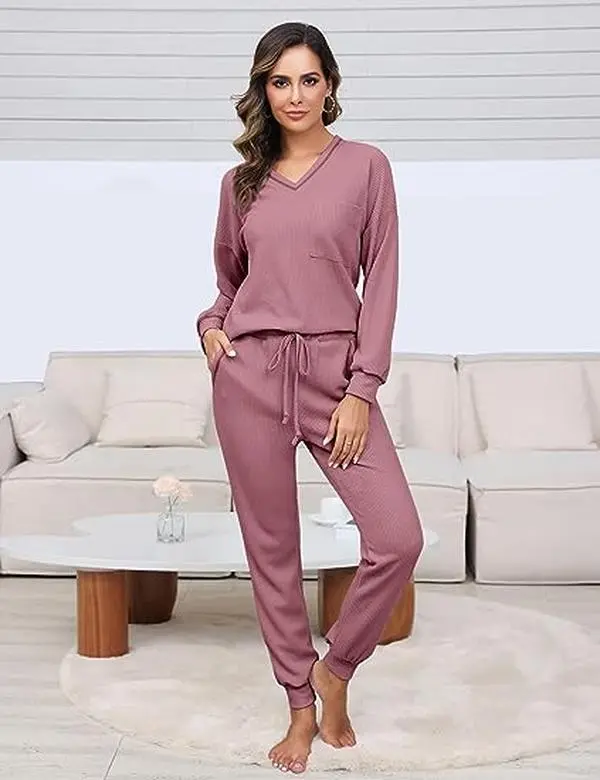 Becotal Womens Two Piece Outfits Lounge Sets Waffle Knit Long Sleeve Pullover Tops and Jogger Sweatpants Tracksuits 2025 Spring Springtok Clothes Womenswear Bottoms Comfy Essential Knitted Loose Basic Camel