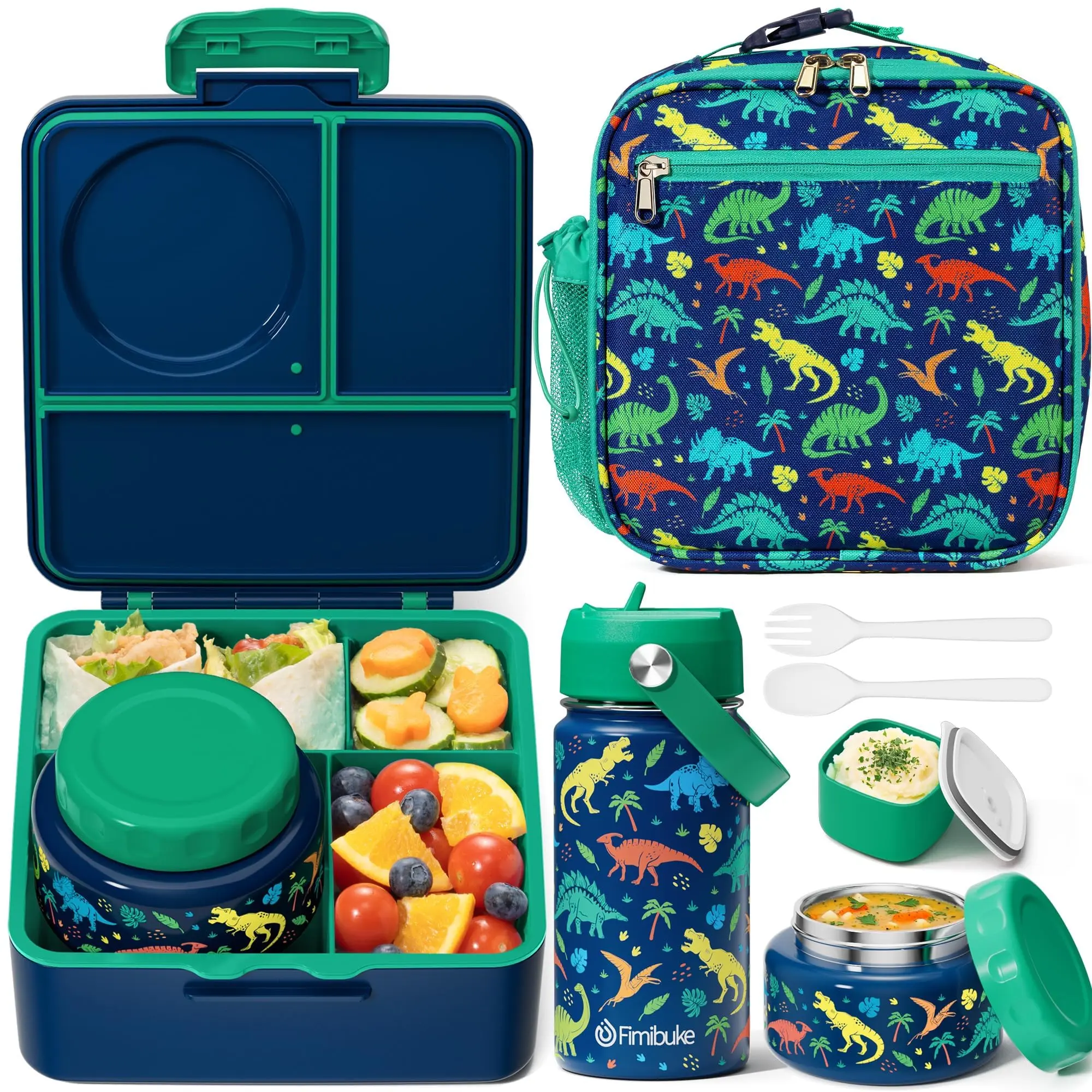 Fimibuke Bento Box, BPA Free & Leakproof Lunch Box with 8.5oz Insulated Thermos Food Jar, Utensils & Sauce Jar, Dishwasher Safe 3 or 4 Compartment Container for School Girl & Boy dealsforyoudays