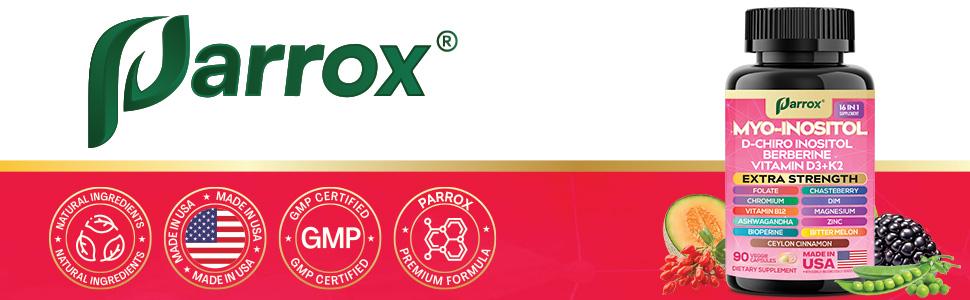 Parrox Myo-Inositol Supplement - Women's Hormones & Cycle Support - with D-Chiro Inositol & 13+ Extra Strength Ingredients - 90 Vegan Capsules - MADE IN USA Healthcare Vitamin