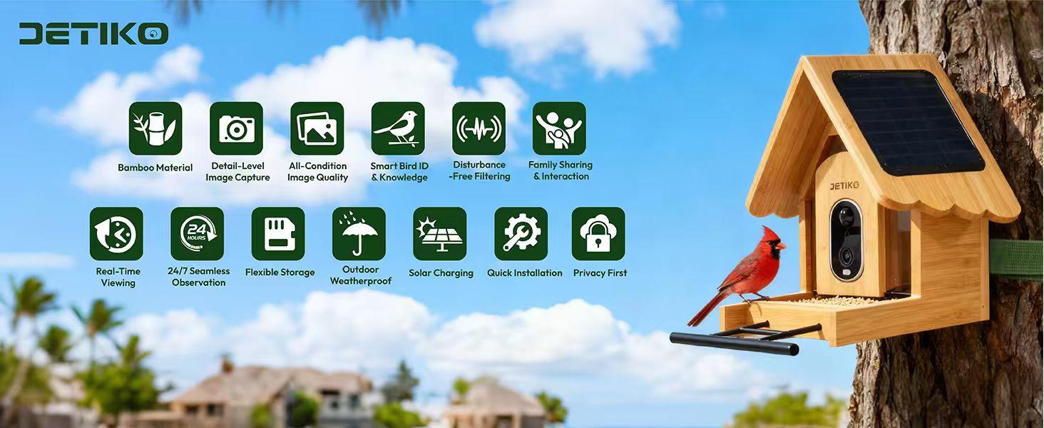 DETIKO Bamboo Bird Feeder with Camera, 2K HD, Auto AI Identify 2800+ Birds, Solar-Powered, Night Vision, Real-Time Alerts, Family/Friend Sharing, Gift for Nature Lovers