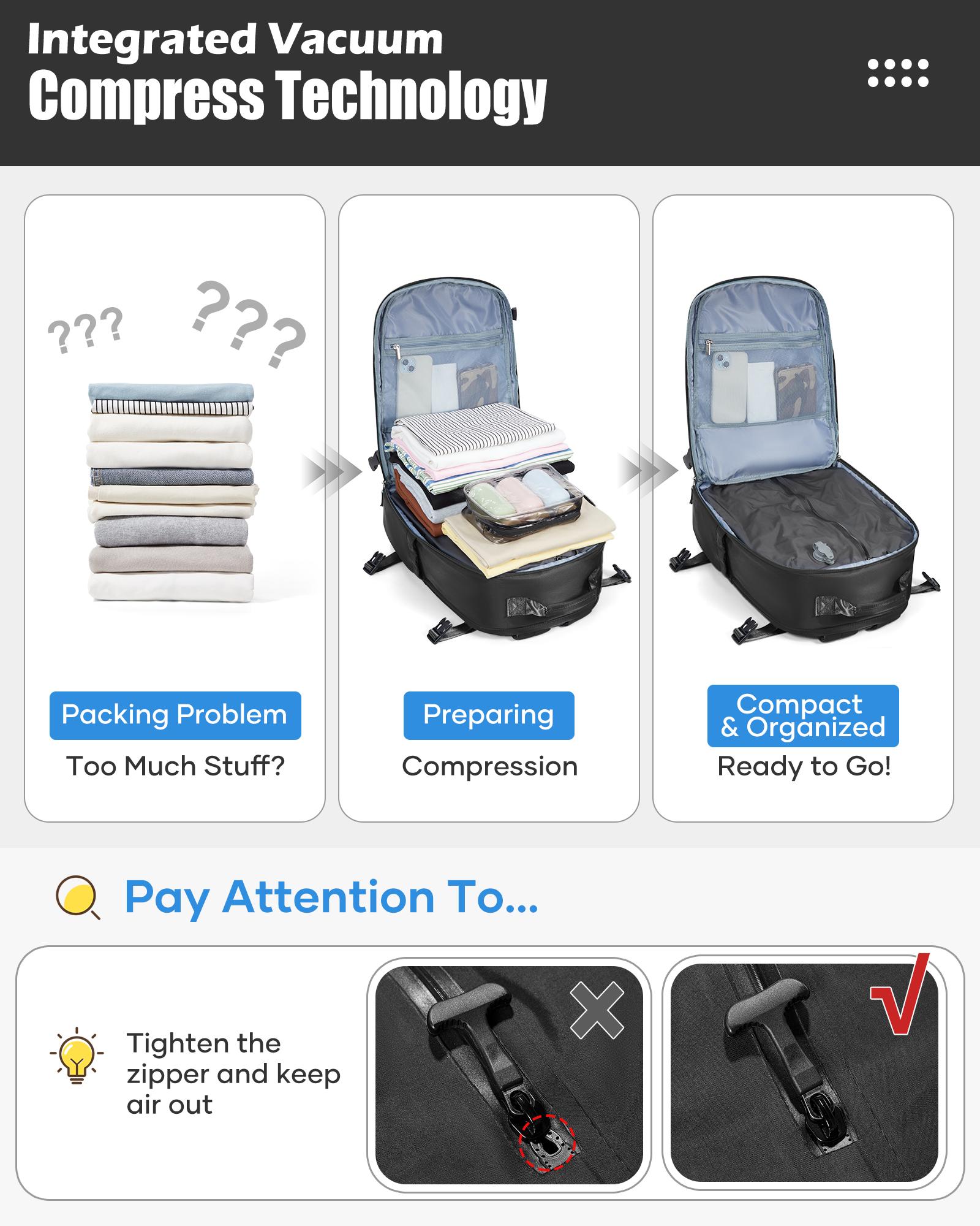 Vacuum Seal Backpack Travel With Electric Pump Personal Item Travel Backpack Carry on Flight Approved Traveling Backpack With Vacuum System Morral de Viaje Para Avion