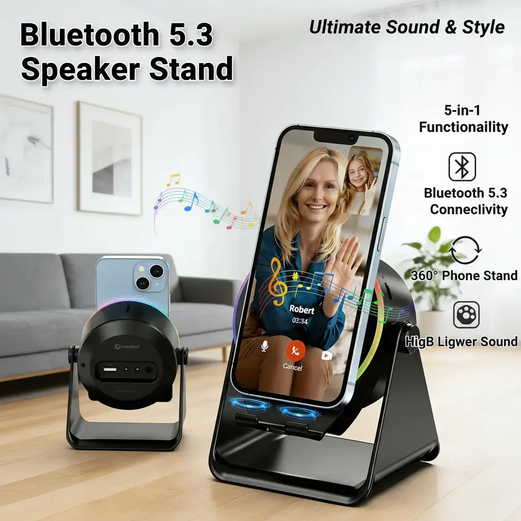 Wireless Induction Audio Speaker Stand, 5in1 Cellphone Holder, 2000 mAh Rechargeable Emergency Power Bank,360° Adjustable Mobile Tablet Stand with Colorful Ambient Light Gifts for Men Women tiktokshopsummersale tiktokshop backtoschool