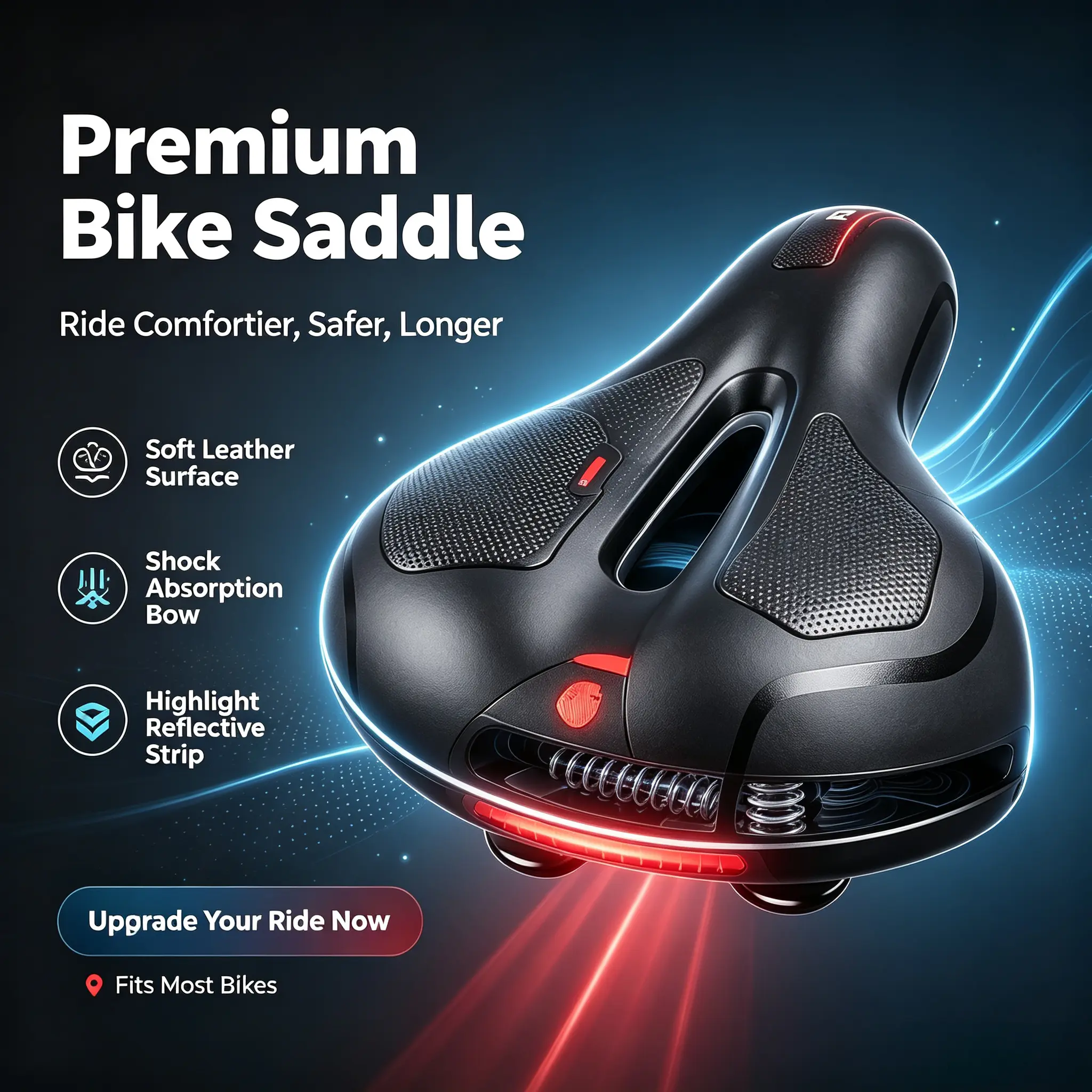 Ergonomic Gel Foam Bicycle Saddle - Wide Width Unisex Adult Fit for Road Biking & Mountain Biking, Waterproof, Shock-Absorbing, Fatigue-Reducing, with Lights & Reflectors