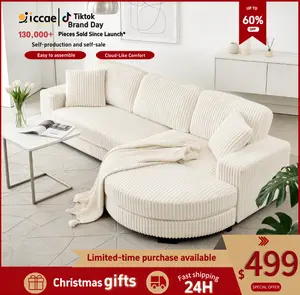 【Sub 3 packages】Niccae Modern Floor Sofa with 2 Pillows, Convertible Teddy Fabric Foam Filled Sleeper Sofa, Corduroy Tufted Upholstered Lounger, L-Shaped Modular Sectional with Ottoman, Left & Right Placement, Home Office Living Room Bedroom Apartment